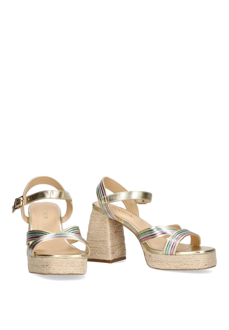 SANDALIA TIRAS TACÓN RAFIA ETIKA 30007 ENRAMADA, MULTICOLOR MUJER